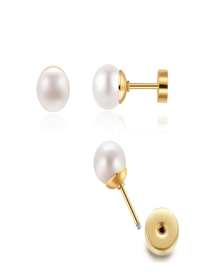 Renkovte 14K Gold 8mm Pearl Stud Earrings for Women,Flat Screw Back Pearl Cartilage Helix Earrings 316L Surgical Steel Round Pearl Piercing Jewelry Gift Hypoallergenic(8mm, Gold) - Image 1